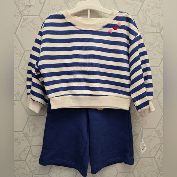 New Girl's "Happy Heart" French Terry Striped Sweatshirt and Wide Pants Set - Picture 2 of 9